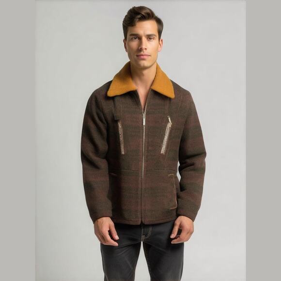 Vintage McLaren Sz XL Full Zip Chore Coat Brown Wool Plaid Barn Winter Cabincore - Picture 1 of 13